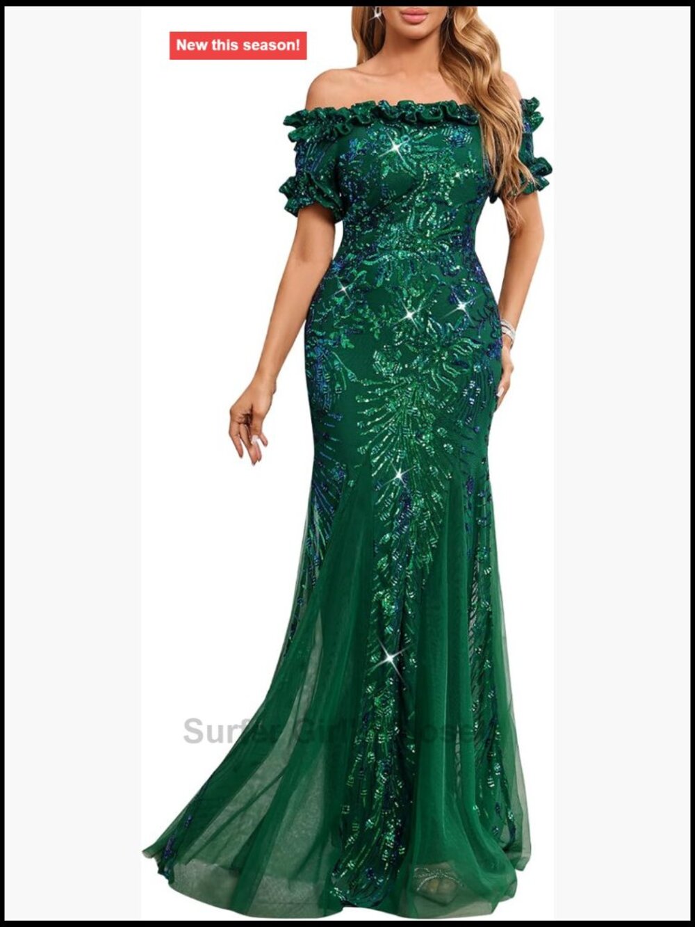 Off Shoulder Sequin Formal Gown Ruffle Short Sleeve Mesh Evening Dress